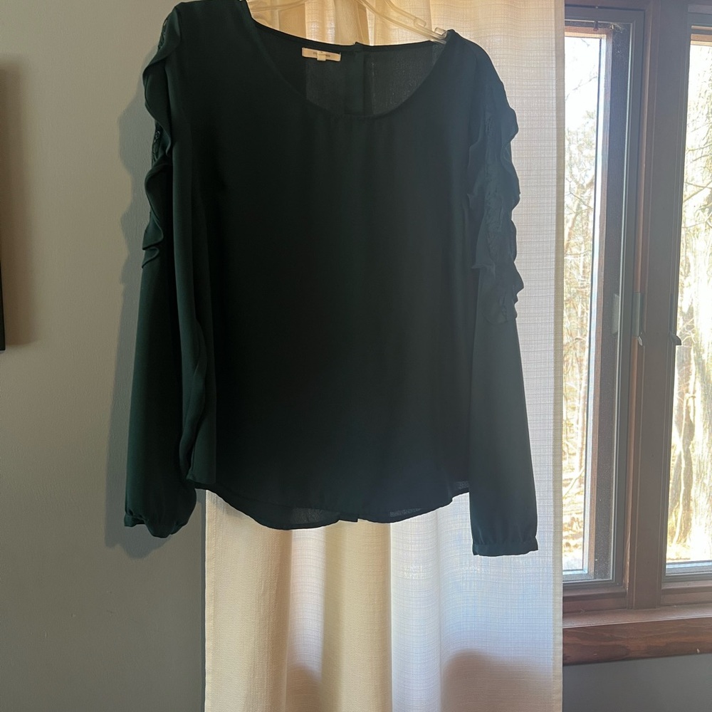Maurices Dark Green Blouse with Ruffle Detail and Button up Back
